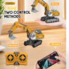 A yellow mini RC excavator is shown in various control methods, including remote control and APP control.