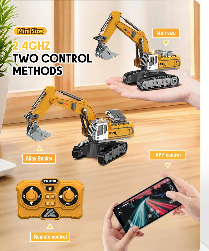 A yellow mini RC excavator is shown in various control methods, including remote control and APP control.