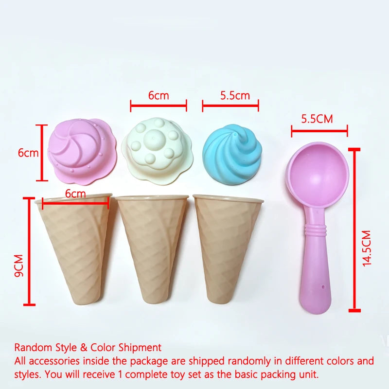 A set of pink, white, and blue sand and snow building molds including shovels and brick molds.