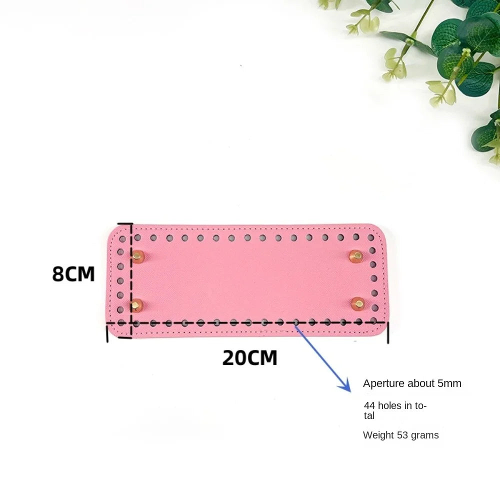 Pink PU leather crochet bag bottom rectangle shape with 44 pre-punched holes and a weight of 53 grams