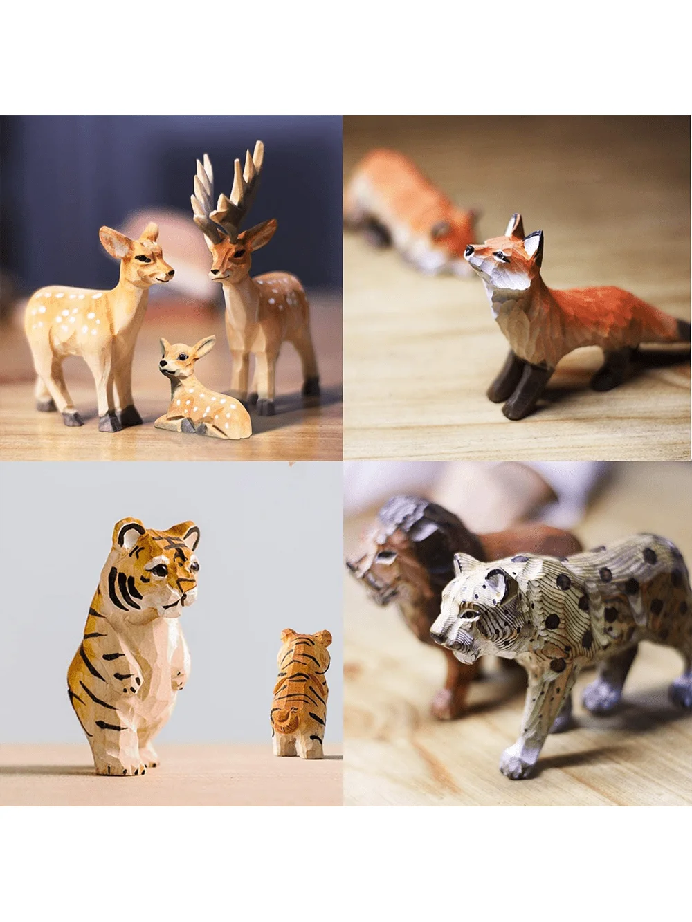 A collection of basswood carvings depicting various wildlife, including deer, foxes, and tigers.