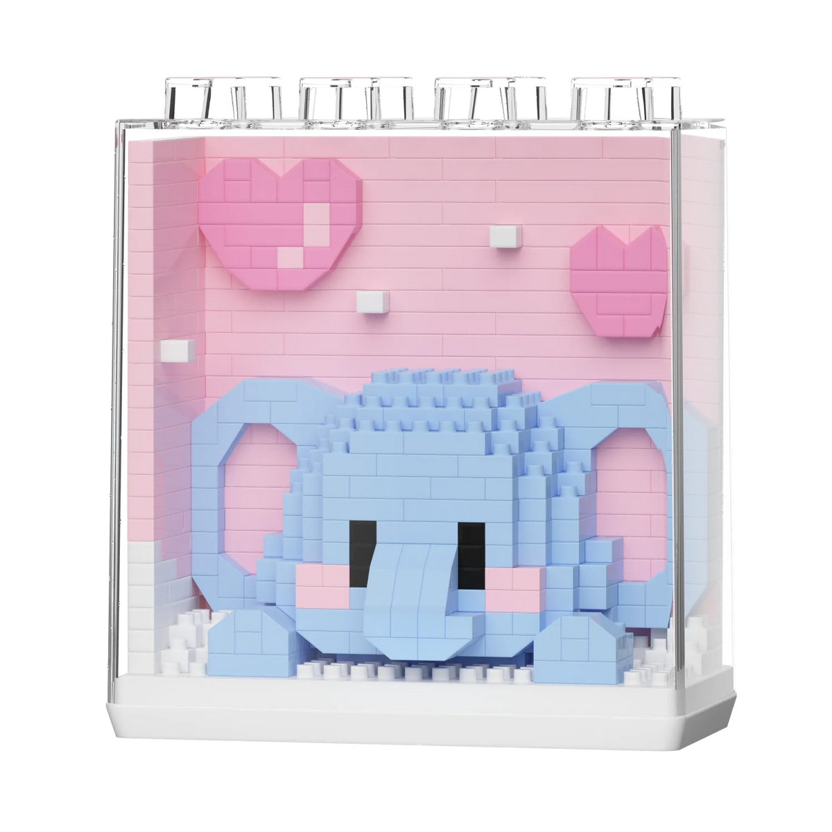 A display box of adorable panda micro building blocks featuring pink and blue pieces.
