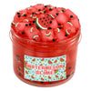 A jar of watermelon slime featuring pink and red jelly putty with watermelon slices and seeds.