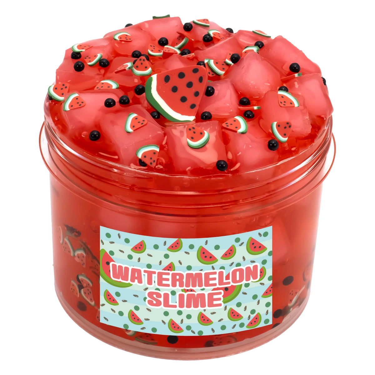 A jar of watermelon slime featuring pink and red jelly putty with watermelon slices and seeds.