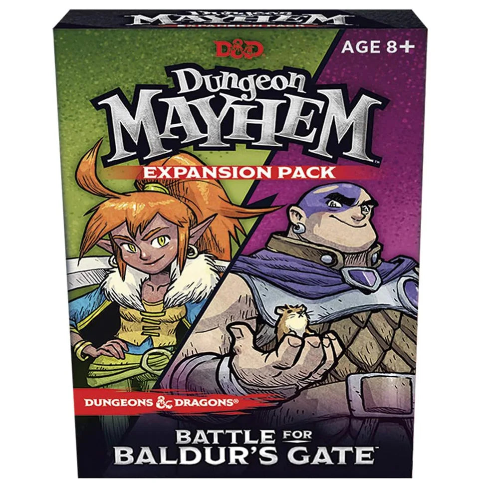Box art for the Dungeon Mayhem Expansion Pack featuring characters and artwork related to Battle for Baldur's Gate.