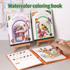 A watercolor coloring book with illustrations of birds and flowers is displayed next to a hand coloring a page.