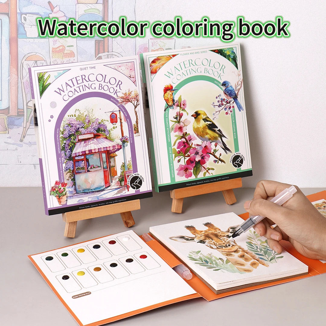 A watercolor coloring book with illustrations of birds and flowers is displayed next to a hand coloring a page.