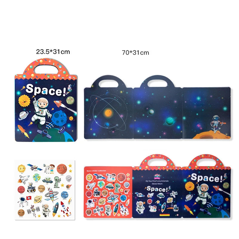 A set of reusable cartoon sticker books for kids featuring space scenes and planets.