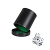 Black leather dice cup with green lining and five dice for gaming