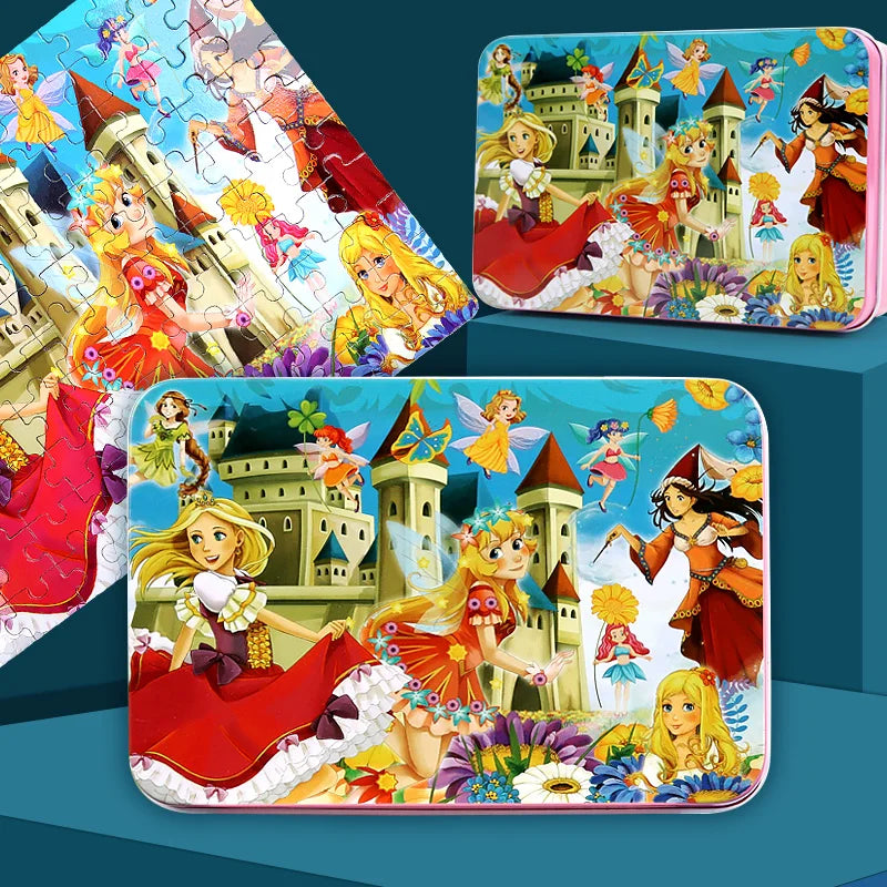A set of three jigsaw puzzles featuring Disney princess characters and castles.
