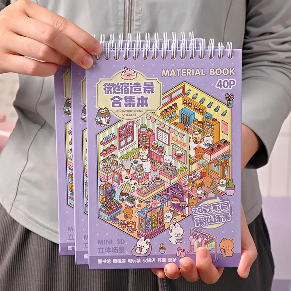 A purple sticker book titled Miniature Scene Stickers featuring various 3D cabin scenes and miniature buildings.