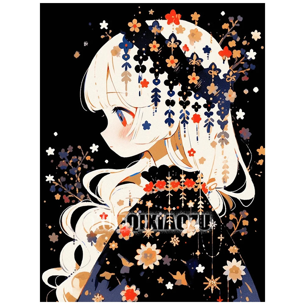 A close-up illustration of a girl with light hair adorned with colorful flowers and rhinestones against a dark background.