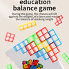 A pile of colorful plastic blocks is shown balancing on a white base, demonstrating an early childhood education balance game