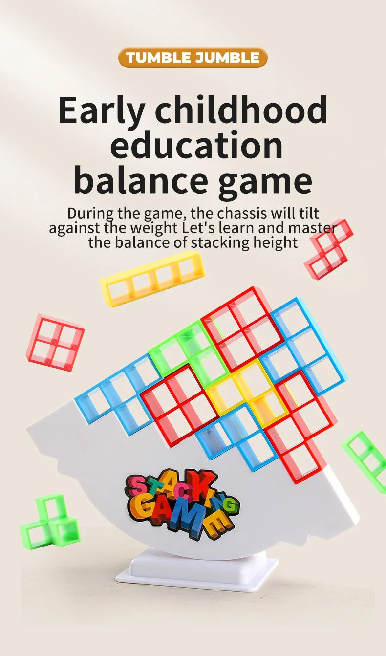 A pile of colorful plastic blocks is shown balancing on a white base, demonstrating an early childhood education balance game