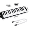 A black 32-key portable melodica is shown with its carrying bag, measuring 2.75 inches in length.