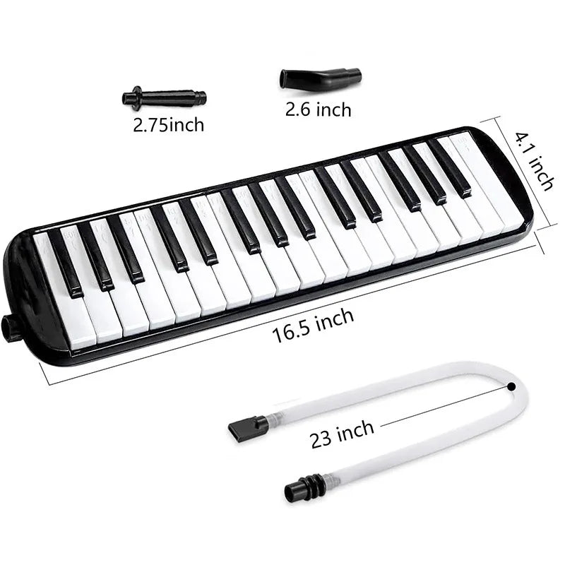 A black 32-key portable melodica is shown with its carrying bag, measuring 2.75 inches in length.