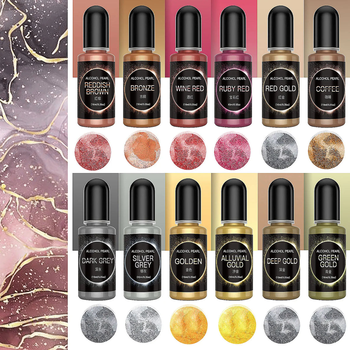 A collection of 12 shades of alcohol pearl candle dye pigments in various metallic and earthy tones like bronze, gold, and re