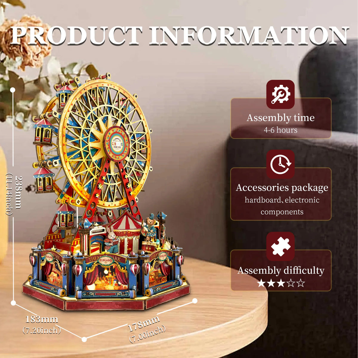 A wooden model kit of a Ferris wheel music box dollhouse featuring colorful components and detailed structures.
