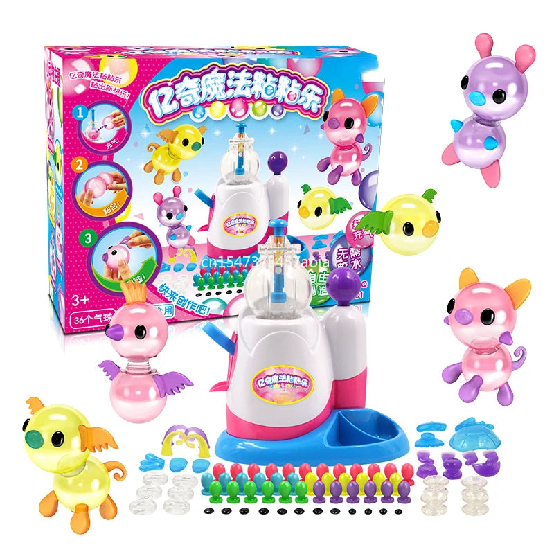 A DIY animal balloon craft kit featuring various colorful plastic animals and tools for making stuffed toys.