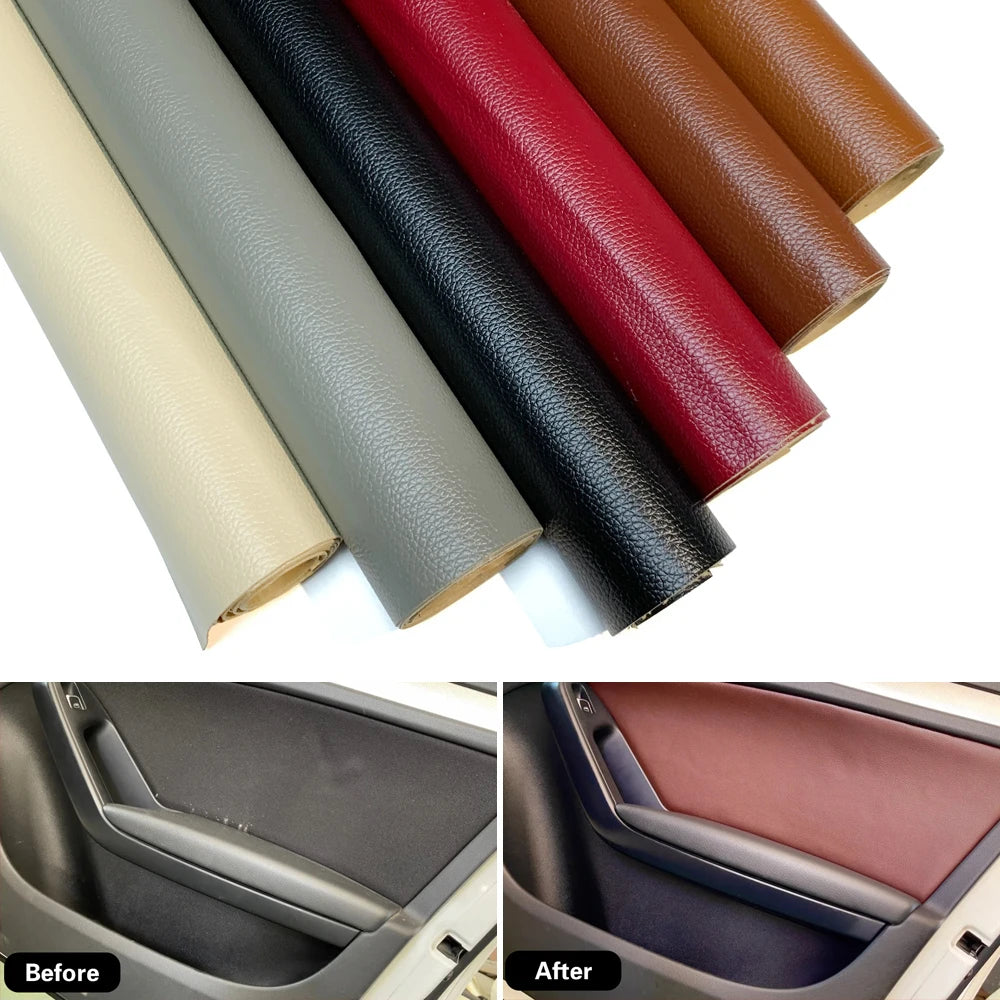 Rolls of PU leather self-adhesive repair patches in various colors including gray black red and brown.