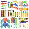 A collection of various shark and aquatic-themed toys including rockets, diving figures, and pool toys for children