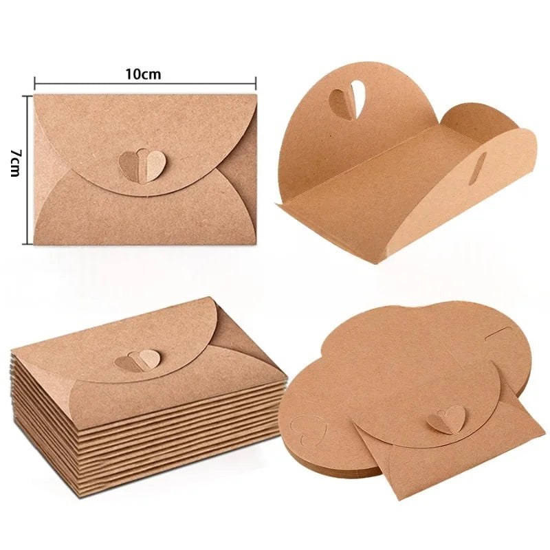 A set of mini kraft paper envelopes with heart clasps for gift cards and notes shown in various views.