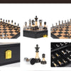 A premium solid wood chess set featuring electroplated acrylic pieces displayed on a black board and box.