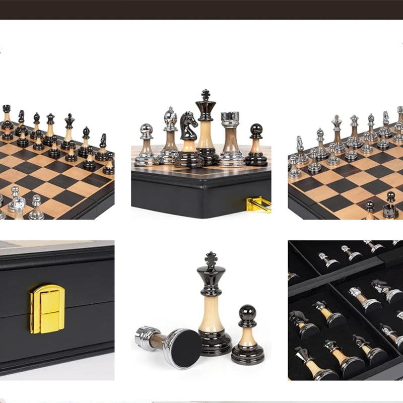 A premium solid wood chess set featuring electroplated acrylic pieces displayed on a black board and box.