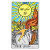 A tarot card depicting the Sun, a golden face radiating light, and a horse with a fiery mane.