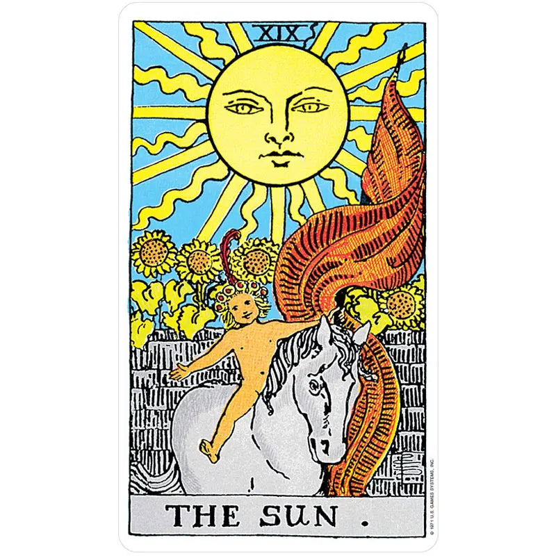 A tarot card depicting the Sun, a golden face radiating light, and a horse with a fiery mane.