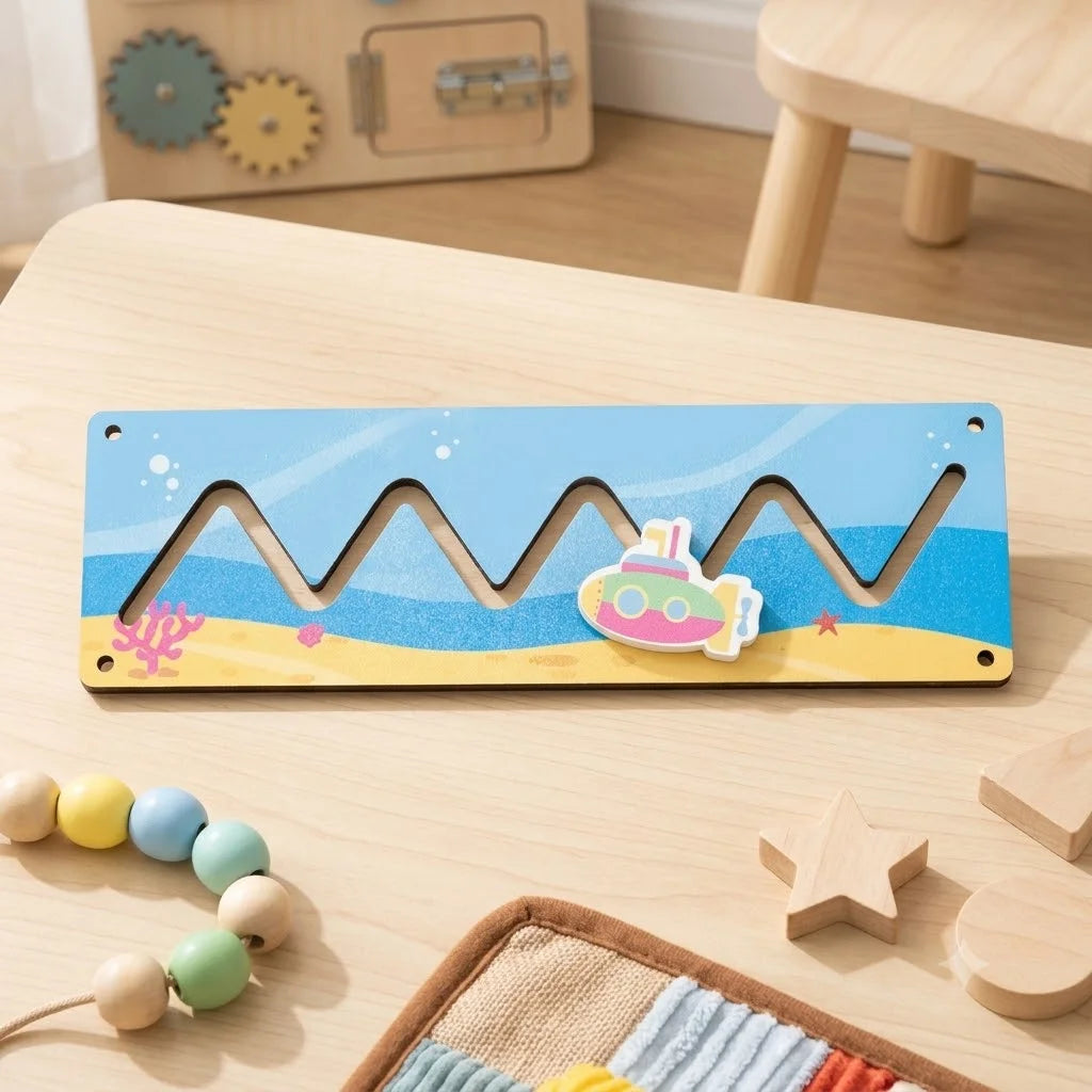 A wooden sensory activity board for toddlers featuring a wavy blue sea design and a pink and yellow object.