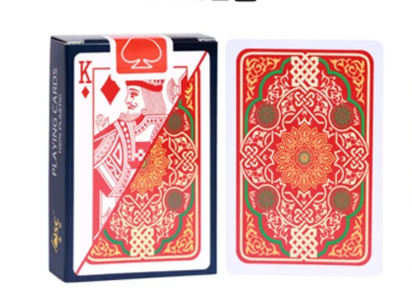 A box of waterproof plastic playing cards featuring a king card design.