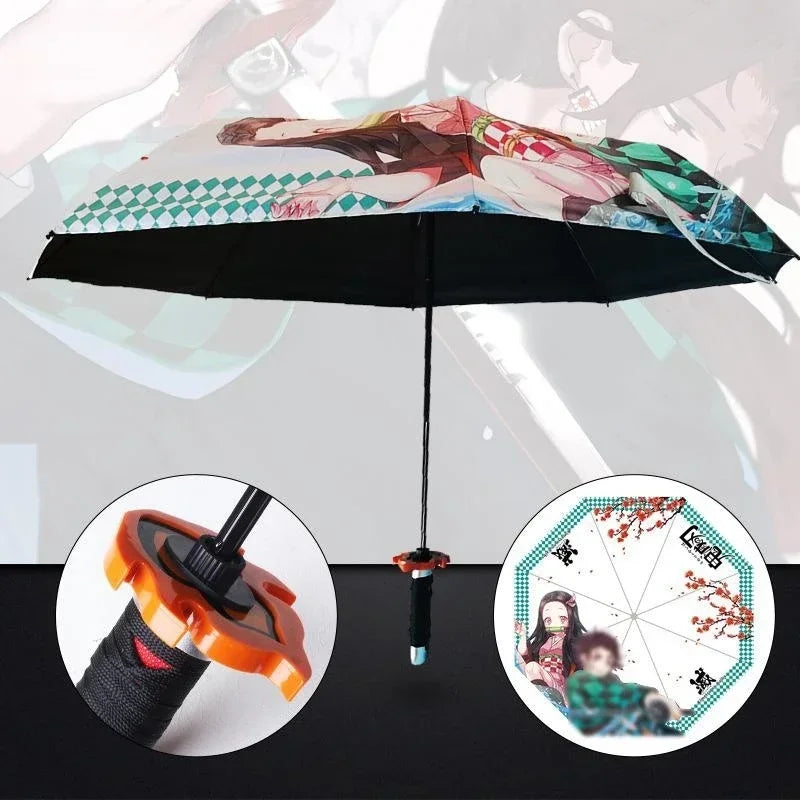 A black umbrella featuring a Demon Slayer Katana design, shown open against a light background.