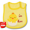 Yellow cartoon cotton towel bib with the text I'm here on it