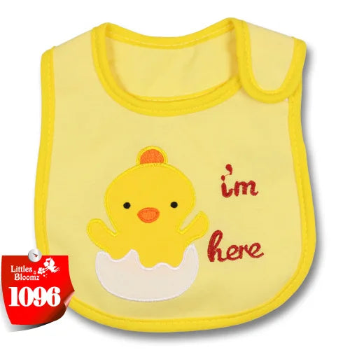 Yellow cartoon cotton towel bib with the text I'm here on it