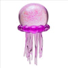 A translucent pink jellyfish squish toy with purple tentacles and glitter accents.
