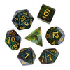 A collection of premium glitter resin polyhedral dice including a d10, d6, d12, and d7.