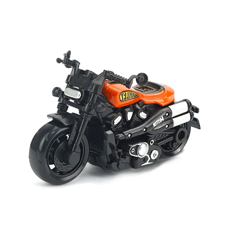 A black and orange vintage-style pull-back motorcycle toy car for kids.