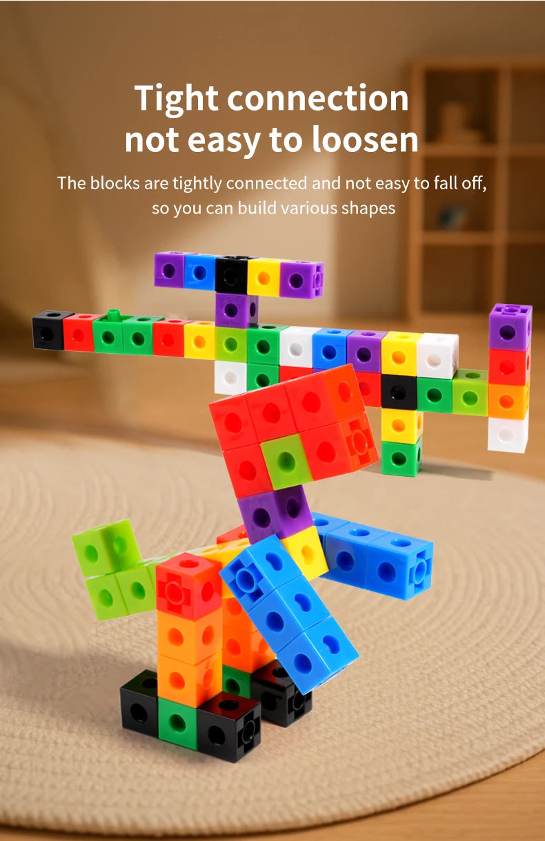 A colorful wooden stick and ring puzzle with various colored blocks is shown on a light surface.