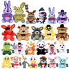 A collection of Five Nights at Freddy's plush toys including Bonnie, Foxy, Freddy, and other characters.