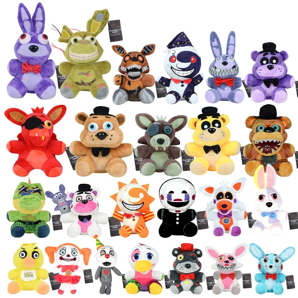 A collection of Five Nights at Freddy's plush toys including Bonnie, Foxy, Freddy, and other characters.