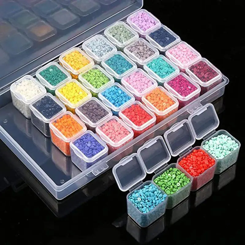 An array of colorful plastic storage boxes filled with craft supplies arranged in a grid.