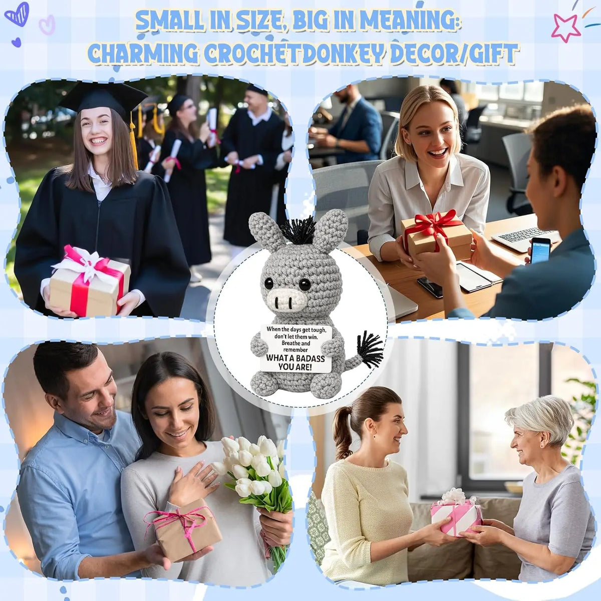 A handmade crochet donkey doll decor gift shown in various contexts, including a graduation setting and a home environment.