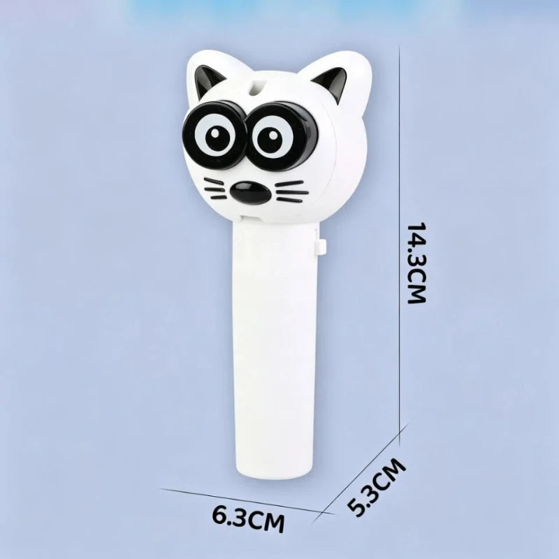 A white automatic cat toy with black eyes and whiskers, designed for pets.