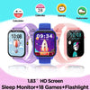 A purple and blue kids smart watch is shown with icons for Calendar, Games, and Pedometer features.