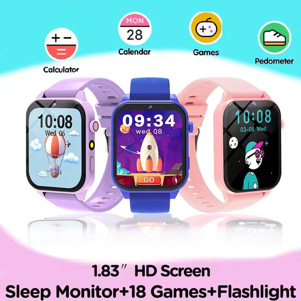 A purple and blue kids smart watch is shown with icons for Calendar, Games, and Pedometer features.