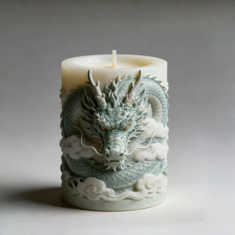 A light green silicone candle mold shaped like a dragon with cloud patterns, used for DIY aromatherapy candles.
