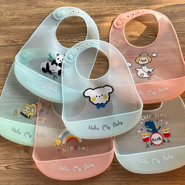 A set of five silicone baby bibs featuring various cute animal prints and pastel colors.