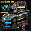 A black and green R/C racing car with a battery and charging cable shown next to various accessories.