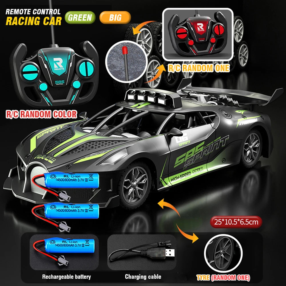 A black and green R/C racing car with a battery and charging cable shown next to various accessories.